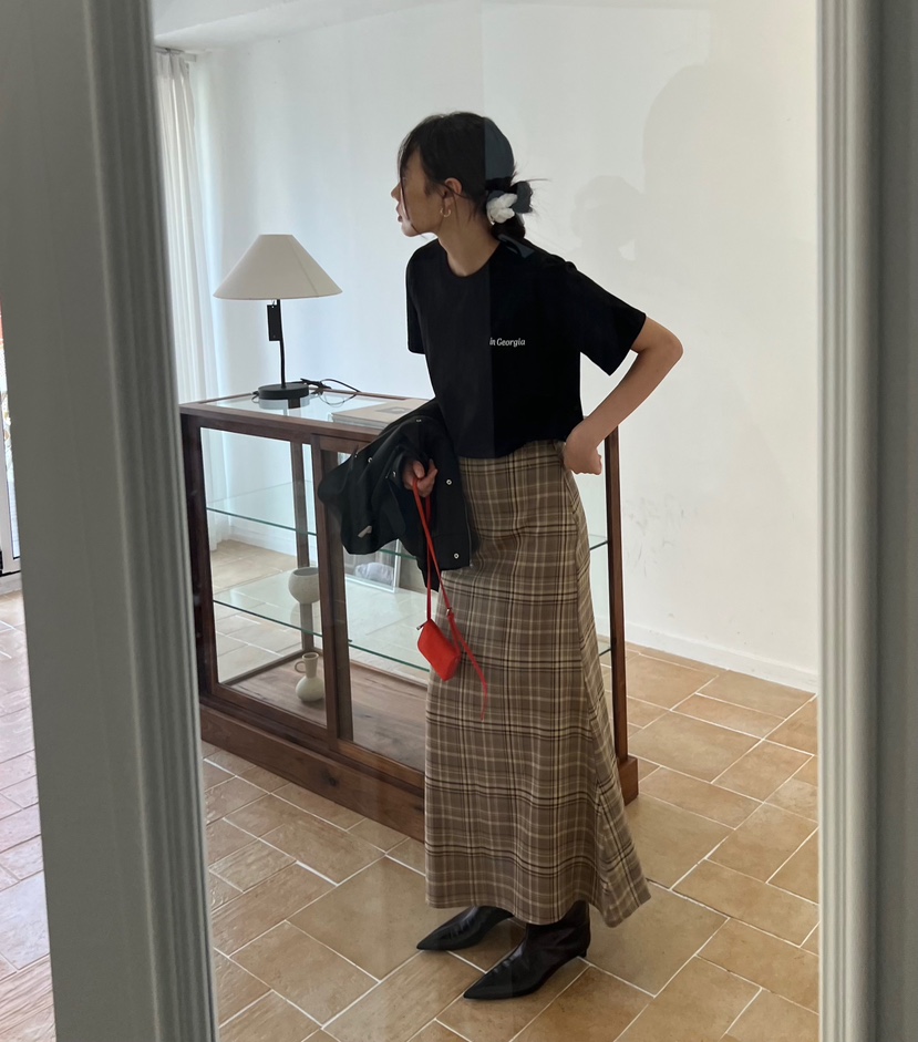 ME MO直郵韓國代購女裝新款時尚人氣真品推薦長裙格紋超長ME MO長裙